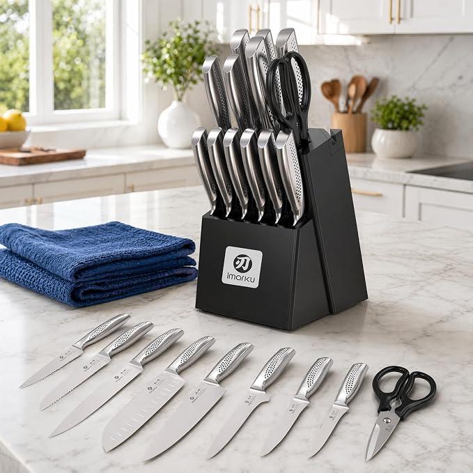 imarku 15PCS Kitchen Knife Set with Block,High Carbon Stainless Steel,Black | Built-in Sharpener,Dishwasher Safe,Ergonomic Non-Slip Handle,Space-Saving Knife Block,Ideal for Daily Cooking & Gifts