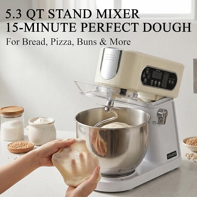 5.3 Qt 9-Speed Tilt-Head Stand Mixer, Multi-Function Electric Mixer | 3 Mixing Attachments, Meat Grinder & Vegetable Slicer, Stainless Steel Bowl, Splash Guard, Easy Clean, Almond Cream