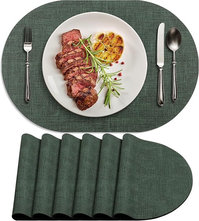 Placemats Set of 6 - Washable Heat Resistant Table Placemats - Wipeable Faux Leather Oval Place Mats, Waterproof Table Mats for Dining Table, Green