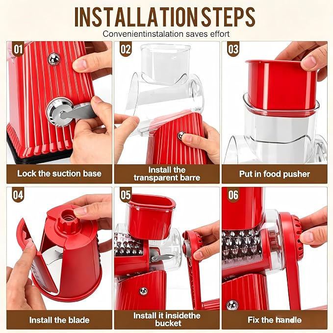 Rotary Cheese Grater with 5 Well-designed Blades & Strong Suction Base, Kitchen Mandoline Vegetable Slicer with Blade Storage Box (RED)