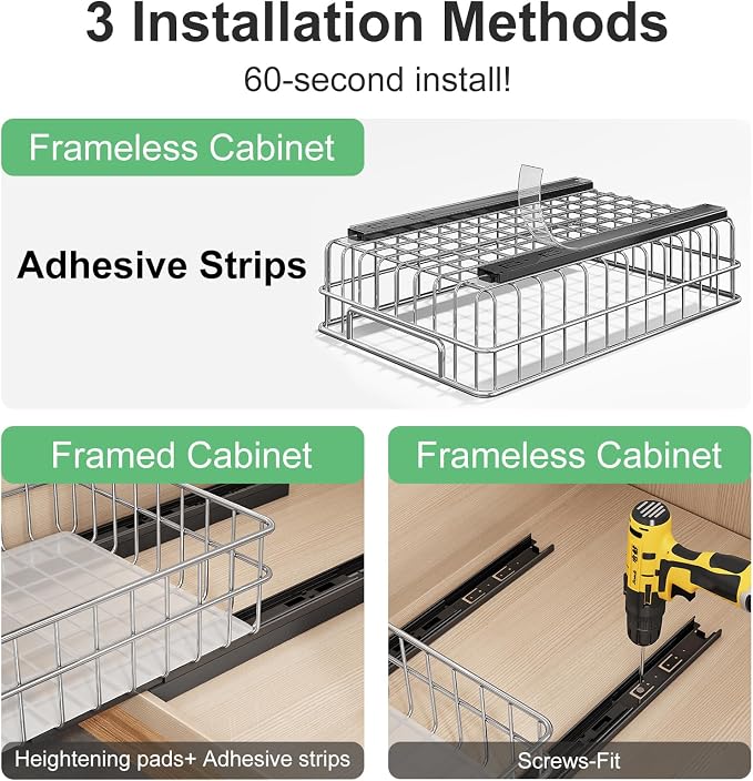 Pull out Cabinet Organizer, Stainless Steel 2-Pack Slide out Drawer with Silent Full-Extension Slides, Adhesive Roll out Can Spice Storage Basket Shelf Rack for Pantry, Kitchen, Bathroom, Home Closet