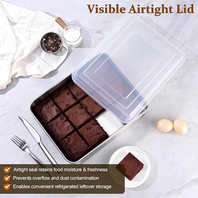 LIANYU Baking Cake Pan Set with Lid, 12⅓ x 9¾ x 2 Inch Lasagna Brownie Pan | Stainless Steel Baking Sheet, Rectangular Metal Bakeware, Oven & Dishwasher Safe Pan (1 Pan +1 Lid )