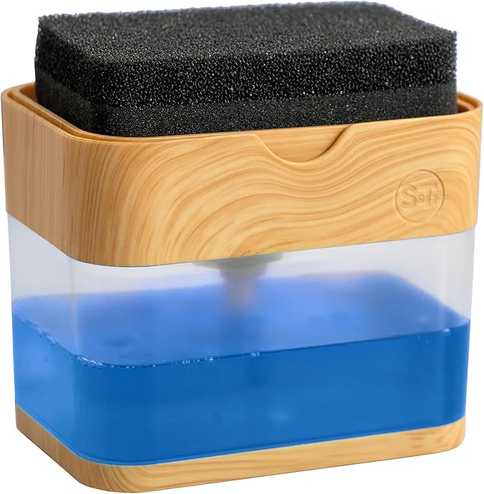 S&T INC. Dish Soap Dispenser and Sponge Holder, Plastic Bamboo | Patented Design, Holds 13 Fluid Ounces, Sponge and Waterproof Labels Included, Non-Slip Feet