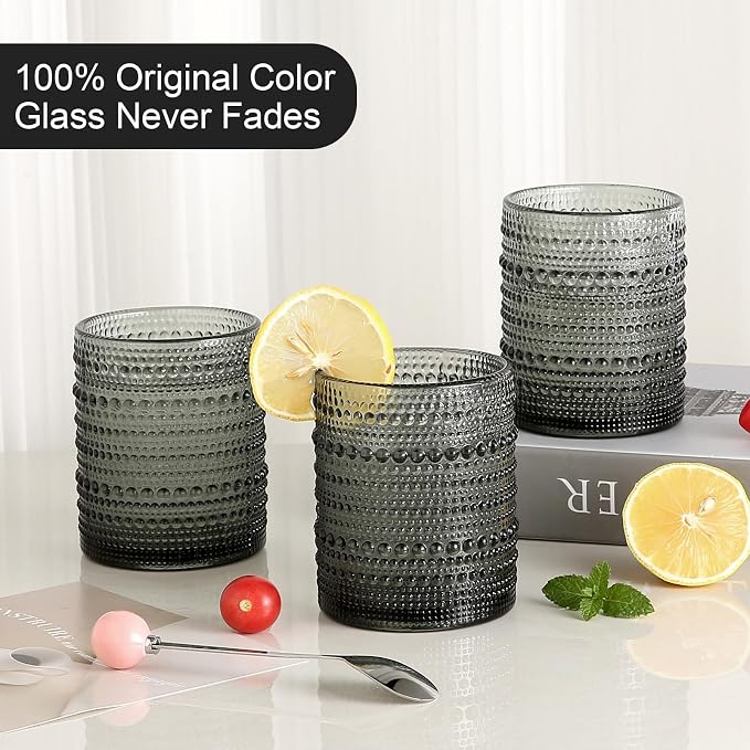 ZMOWIPDL Drinking Glasses Set of 6,12oz Grey Hobnail Glass Cups | Vintage Glassware，Embossed Water Tumbler,for Beer,Cocktail,Whiskey,Juice and Various Mixed Drinks- 1 Cleaning Brush