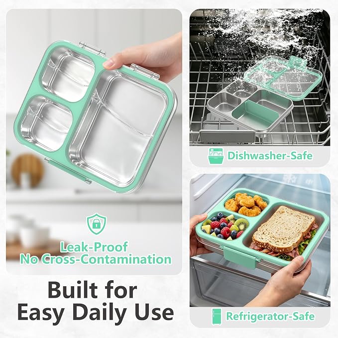 LOHASOK Stainless Steel Bento Lunch Box, 34oz/1000ml, Green | 3-Compartment, Leak Proof, Lightweight, Clear Plastic Lid, for Kids Adults, BPA/BPS Free, Dishwasher Safe