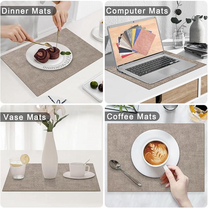Homaxy PU Faux Leather Placemats for Dining Table, Set of 6, Light Brown | Waterproof Wipeable Washable Table Mats, Easy to Clean Anti-Slip Place Mats, 11.8" x 17"