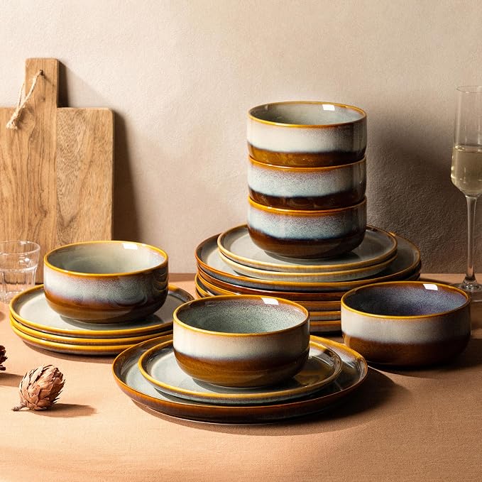 Ceramic Dinnerware Set for 6, 18-Piece Plates and Bowls Set | Handmade Reactive Glaze Dish Set, Scratch Resistant, Oven & Microwave & Dishwasher Safe, Dusk Blue
