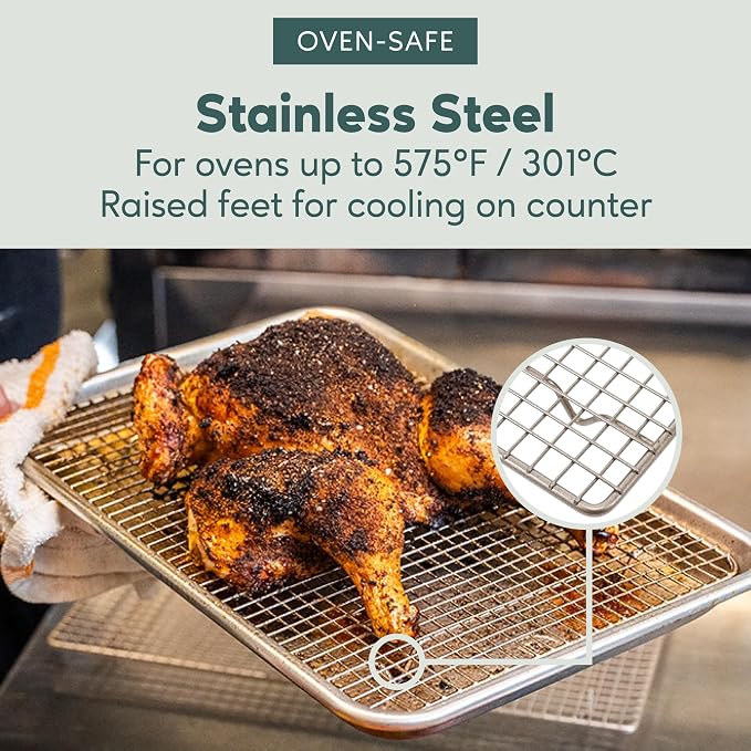 Stainless Steel Baking Rack - 10 x14.75 inch Jelly Roll Wire | 100% Stainless Steel, Oven-Safe, Dishwasher-Safe, Heavy Duty Tight-Wire, Sheet Pan Cooling Racks, Easy to Clean, Roasting
