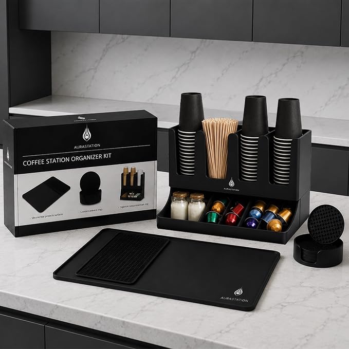 Coffee Bar Accessories and Organizer with Heat-Resistant Silicone Mat – Coffee Station Organizer 7-Piece Kit, Coffee Cup Organizer for Countertop or Cabinet with Coasters Set | Complete 7-Piece Coffee Station Bundle – Cup Organizer, Silicone Mat & 4 Ma...