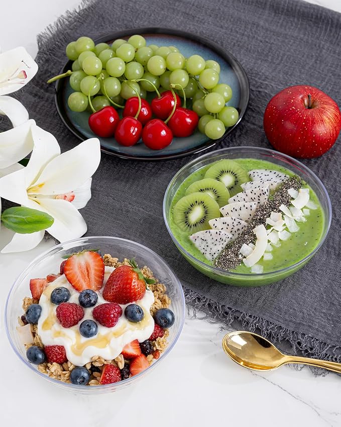 bUCLA 50 Pack Clear Plastic Serving Bowls - 24oz Disposable Salads, Cereal, Fruit, Dessert & Soup Bowls for Wedding & Party