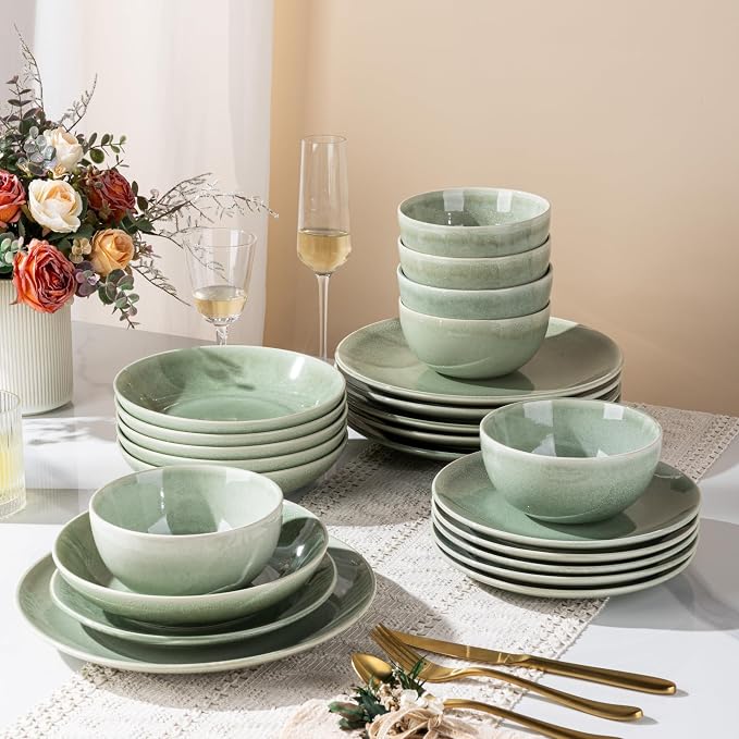 GBHOME Dinnerware Sets for 6, 24 Pieces Ceramic Plates and Bowls Set | Scratch Resistant Stoneware Dishes Set, Dishwasher & Microwave Safe, Reactive Glaze-Light Green