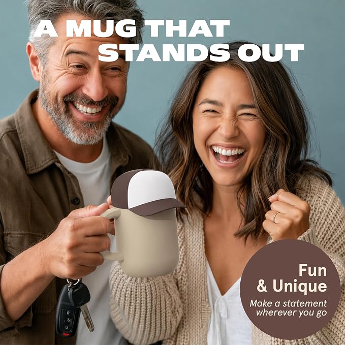 asobu Happy Hat Mug – 12 oz Double-Walled Stainless Steel Insulated Cup with Beanie-Shaped Lid – Ceramic Inner Coating – Spill-Proof and Ergonomic Design for Home and Travel (Brown)