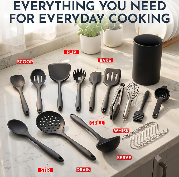 25 PCs Silicone Cooking Utensils Set - Non-Stick Silicone Kitchen Utensils | Black Non-Stick, Heat-Resistant Silicone Kitchen Utensils Set with Stainless Steel Inner Core