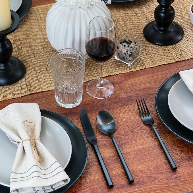 Alata Hexagon Black 20-Piece Forged Silverware Set Stainless Steel Flatware Set,Service for 4,Matte Satin Polished Cutlery Set,Dishwasher Safe