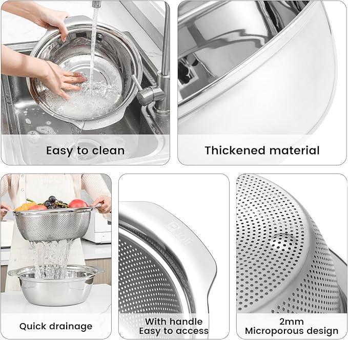 Paoli 304 Stainless Steel Fine Mesh Colander Set, 3.5QT Large Capacity Strainer with Mixing Bowl — Rinse Fruits, Veggies, Rice & Drain Pasta, Dishwasher Safe (2-Piece)