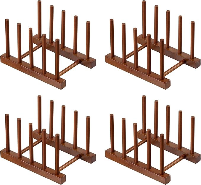 HBlife 4 Packs Teak Wooden Dish Drying Rack Stand Kitchen Plate Organizer | 4 Slots, Vertical Dish Racks for Cabinet Countertop & Wall, Plate Pot Lid Cutting Board Holder, Bowl Cup Drainer, Keep Dry