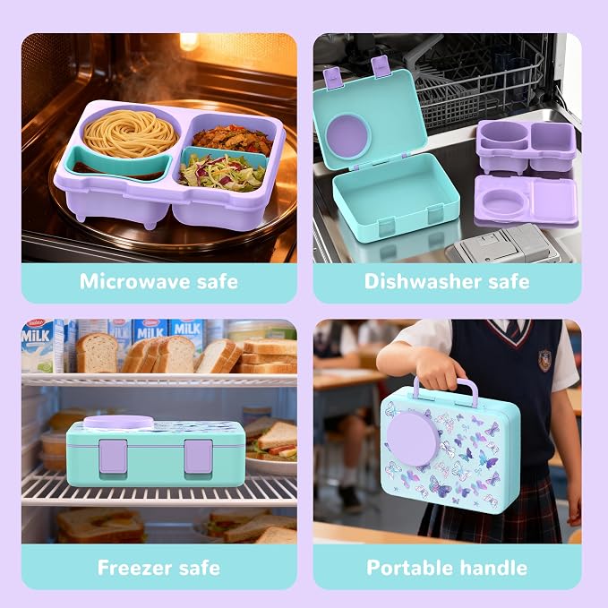 Bento Lunch Box for Kids Adult, Leakproof 3-4 Compartment Bento Box Set with Insulated Food Jar,Water Bottle, Lunch Bag, School Lunch Container for Toddler Teen Girls Boys Ages 3+(Butterfly)