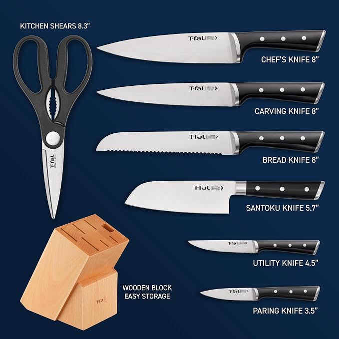 T-fal Ice Force 8-Piece German Stainless Steel Kitchen Knife Block Set | X50CrMoV15 steel, 26-degree cutting edge, Ergonomic handle with finger guard, Includes santoku knife, Hand wash only