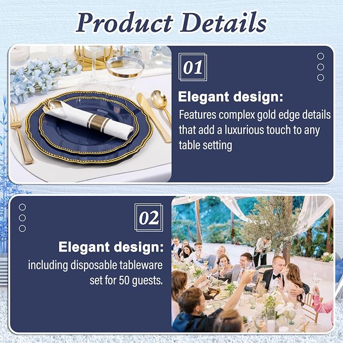 350 Pcs Blue and Gold Plastic Plates for Wedding & Party | Blue Plastic Dinnerware Set Includes 50 Dinner Plates, 50 Dessert Dinnerware, 50 Cups, 50 Rolled Napkin Cutlery