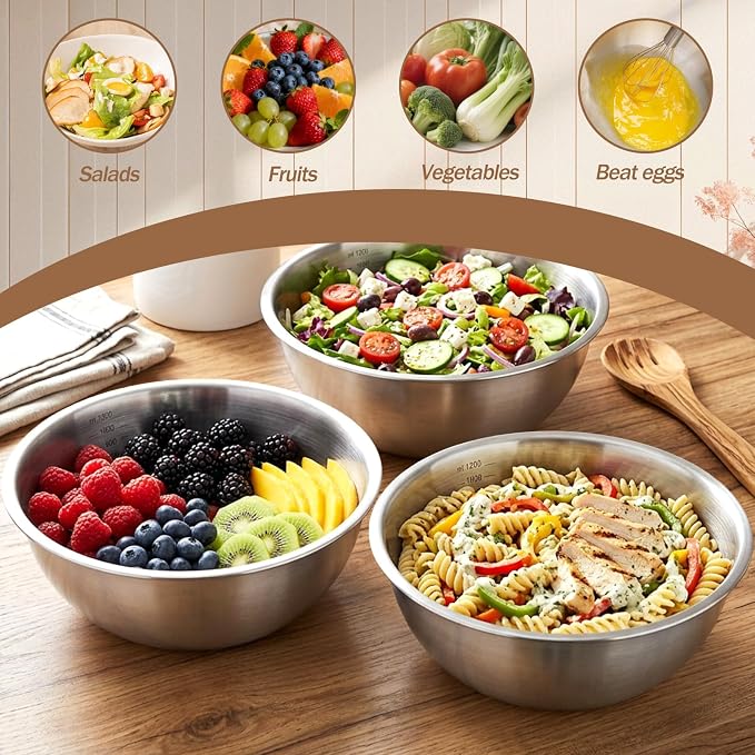 12 Pcs Stainless Steel Mixing Bowls with Graduations, 1.27QT Stainless Steel Bowls, Nesting Metal Prep Salad Bowl, Metal Serving Reusable Baking Food Storage Containers Kitchen Cooking(7.5 x 3 Inch)