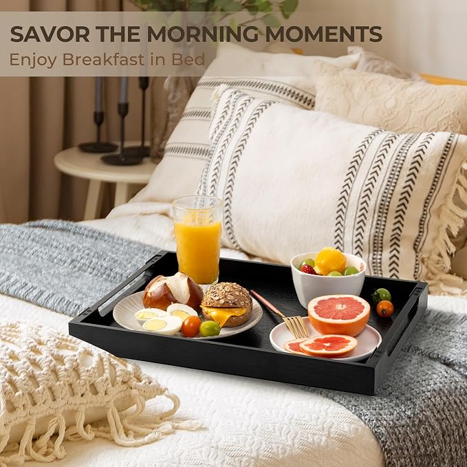 Wooden Serving Tray with Metal Handles|Ottoman Tray for Breakfast, Bed, Couch|17x13in Ash Wood Coffee Table Trays|Food Drinks Decorative Storage Boards for Ottoman Kitchen, Black