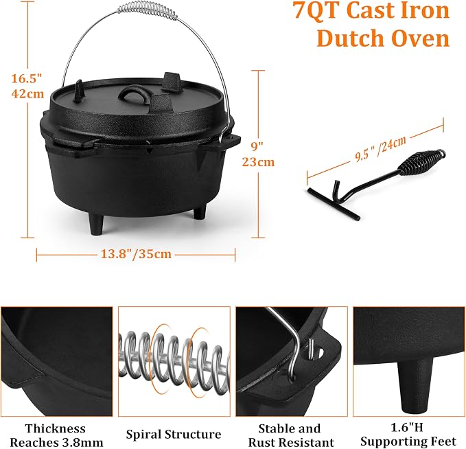 Leonyo 7QT Pre-Seasoned Dutch Oven Camping with Lid Lifter, 2-in-1 Pots | 2-IN-1 Cast Iron Camping Dutch Oven, Heat Conduction & Good Sealing & Heavy Duty