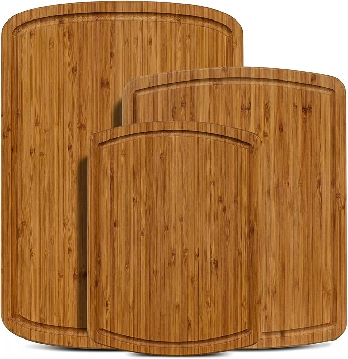 Bamboo Cutting Boards for Kitchen, Non Toxic Wooden Chopping Board Set | Carbonized Dark Color, Deep Juice Groove, Knife-Friendly, Side Handles, Reversible, for Meat, Veg, Fruit, Cheese