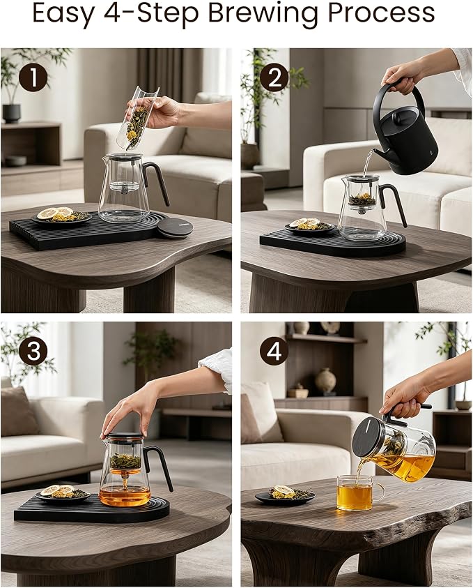 ZENS Echanted Teapot with Infuser for Loose Tea, 27oz Magnetic Teapot | Magic Glasss Teapot with infuser, Mess -Free Japanese Style Teapot for Herbal Tea Lovers, Black Walnut Pattern