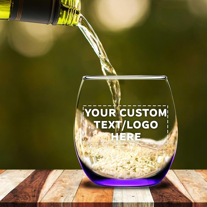 Custom Mikonos Stemless Wine Glasses 11.5 oz. Set of 10/50/100, Personalized Bulk Pack - Restaurant Glassware, Perfect for Red Wine, White Wine, Cocktails - Purple