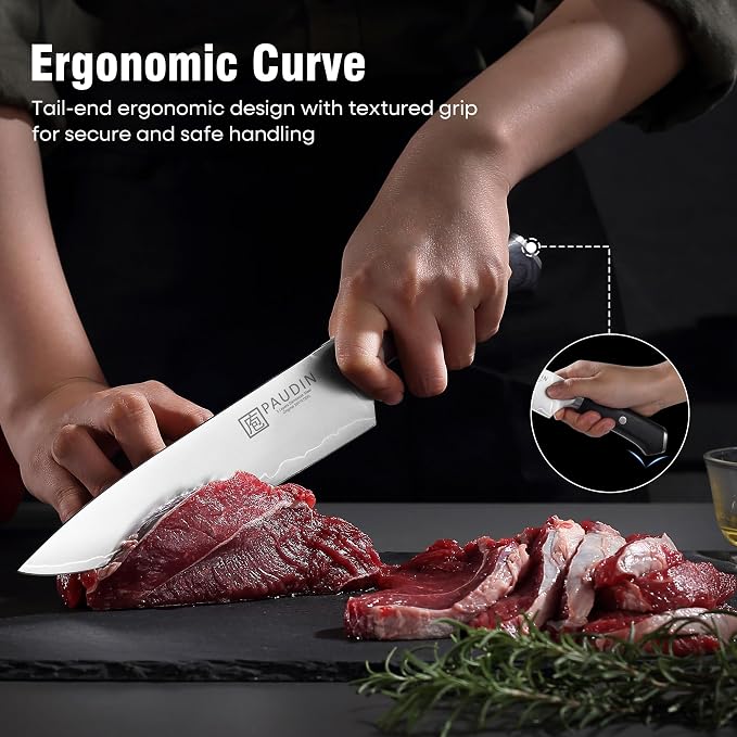 PAUDIN Kitchen Knife Set, Ultra-Sharp Multi-Layer High Carbon Steel Knives for Meat and Vegetables, Ergonomic Wooden Handle,62 HRC Kitchen Chef Knife Set for Cooking,BBQ,Meal Prep,Gifts for Men Women