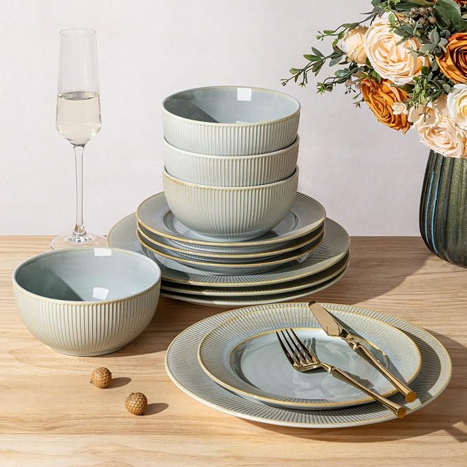 Ceramic Dinnerware Set for 4, 12-Piece Plates and Bowls Set | Lightweight Porcelain Dish Set, Scratch Resistant, Oven & Microwave & Dishwasher Safe, Desert Sage