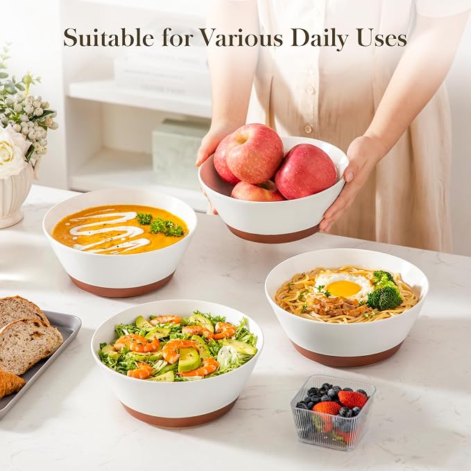 MALACASA Salad Bowls Set of 4, Soup Bowls for Kitchen, 60oz Ceramic Bowl | Large Deep Bowls for Ramen, Cereal, Fruit, Pho and Pasta, Microwave & Dishwasher Safe, Speckled, White & Brown, Series TARA