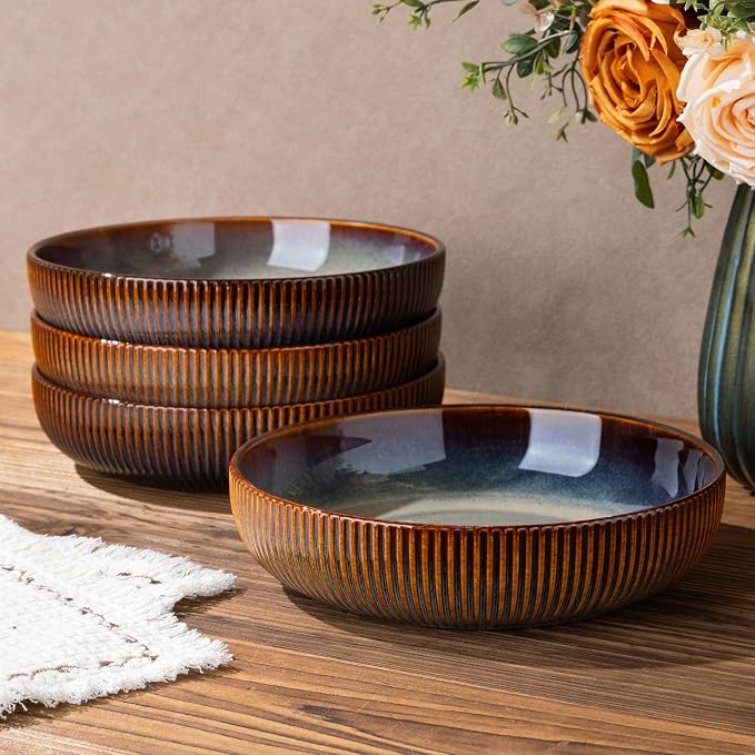 8.5" Ceramic Pasta Bowls Set of 4, Salad Bowls | Versatile Serving Bowls for Pasta, Salad, Fruit & Noodles, Housewarming & Wedding Gift, Cocoa Mocha