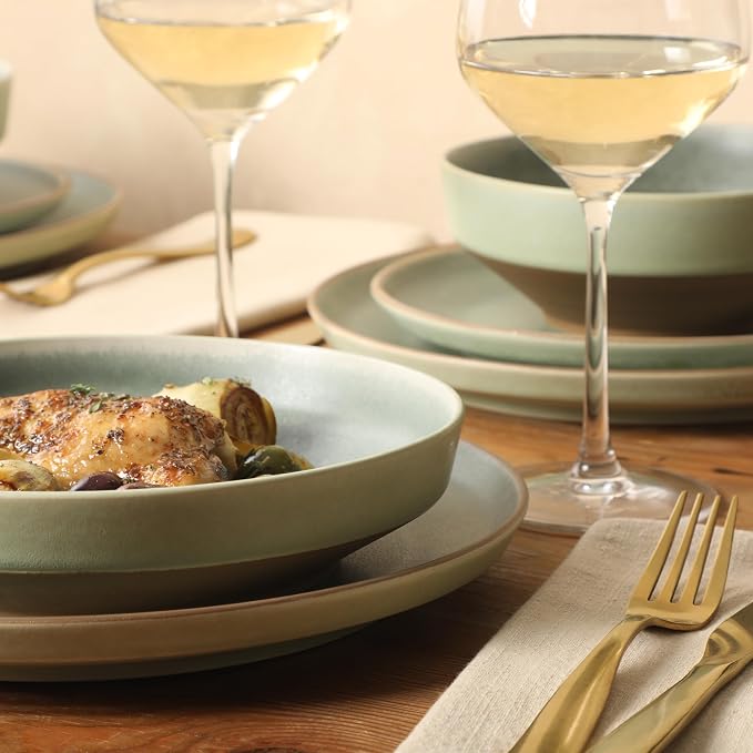 Gibson Elite Octavia Place 16 Piece Stoneware Dinnerware Set, Service for 4, Coupe Modern Plates & Bowls, Reactive Glaze Finish, Green, Microwave & Dishwasher Safe