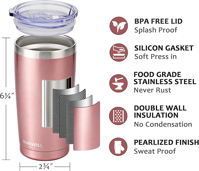 SUNWILL Travel Coffee Mug Set of 2, 20 oz Tumbler with Lid, Insulated Stainless Steel Cup for Water, Tea, Ice, Rose Gold & Cool Grey
