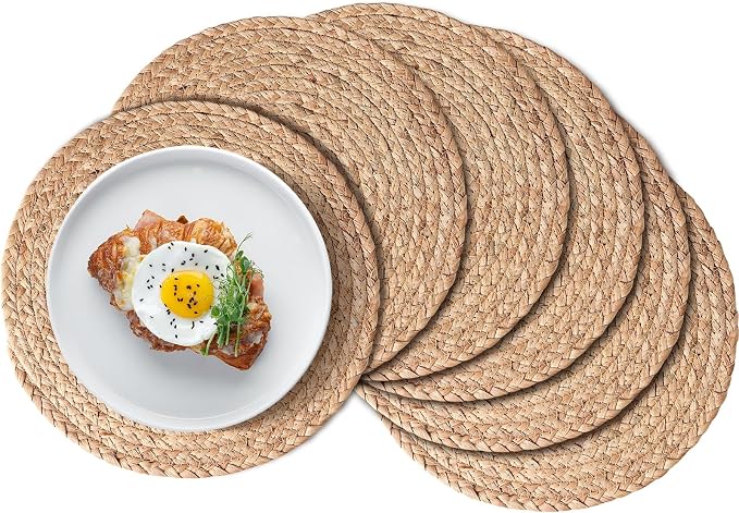 Aofmee 13 inch Round Woven Placemats Set of 6, Boho Rattan Place Mats, Natural Water Hyacinth Table Placemats, Farmhouse Weave Table Mats, Rustic Braided Wicker Charger Plates for Dining Table Decor