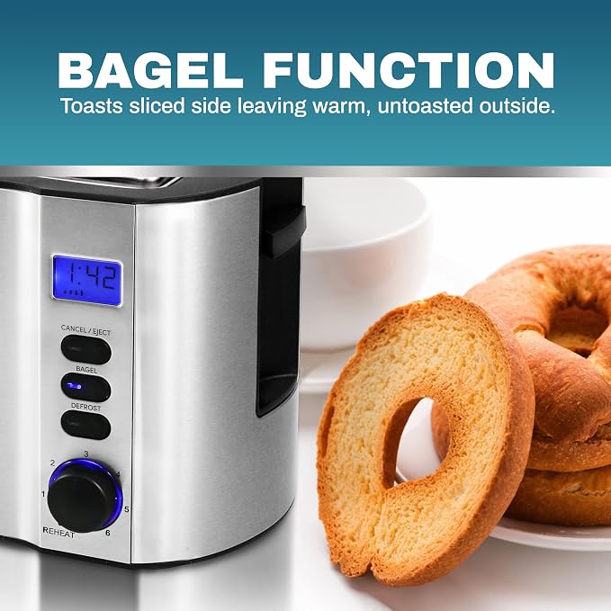 Elite Gourmet ECT4400B# Long Slot 4 Slice Toaster, Countdown Timer, 6 Toast Setting, Defrost, Cancel Function, Built-in Warming Rack, Extra Wide Slots for Bagel Waffle, Stainless Steel | 6 Toast Settings, Defrost & Cancel Function, Built-In Warming Rac...