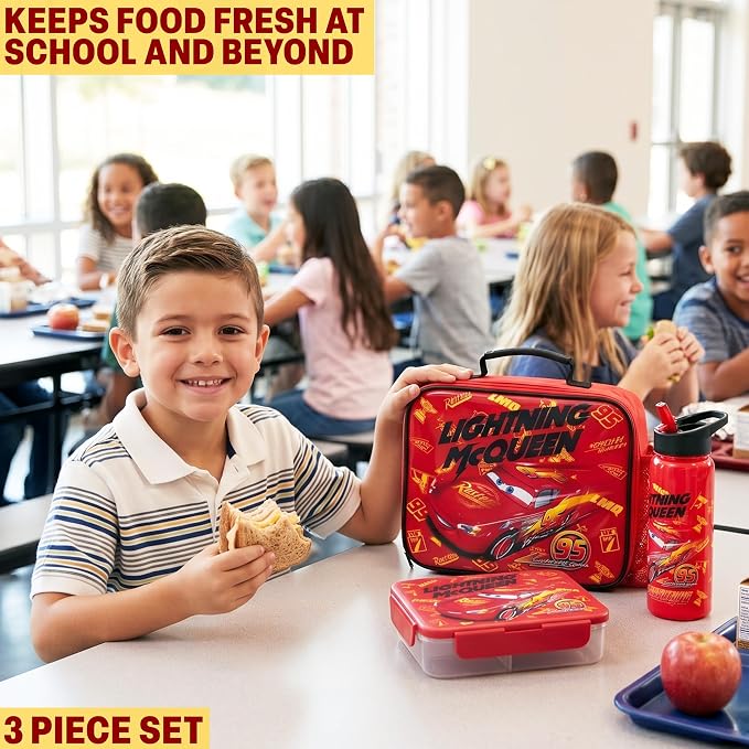 Get Trend Disney Cars Lightning McQueen Lunch Bag, Bento Box & Water Bottle | 3 Pc Set, Insulated Lunch Bag, Lightweight Snack Box, 22 fl oz BPA-Free Water Bottle with Straw, School Picnic Gifts for Boys