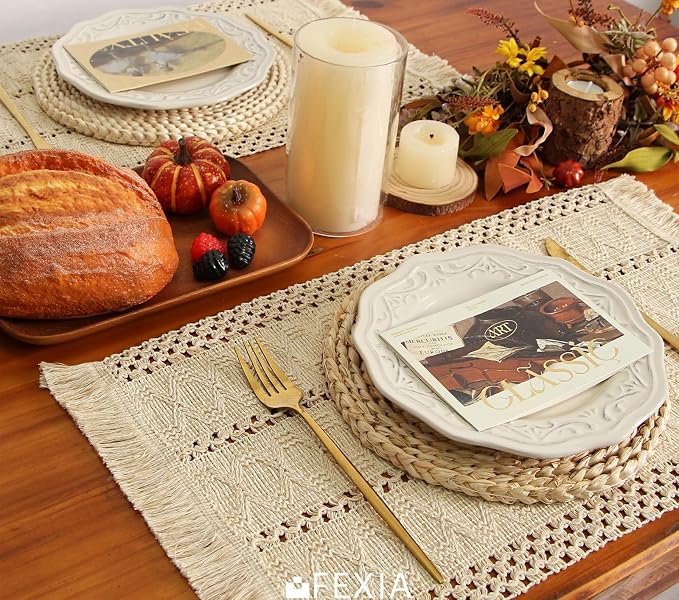 Boho Placemats Set of 6 Table Mats Farmhouse Home Dining Decor | 12x20" Place Mat Set of 6 Macrame Table Decor Farmhouse Burlap Placemats for Home Dining Table Centerpiece Home Decorations
