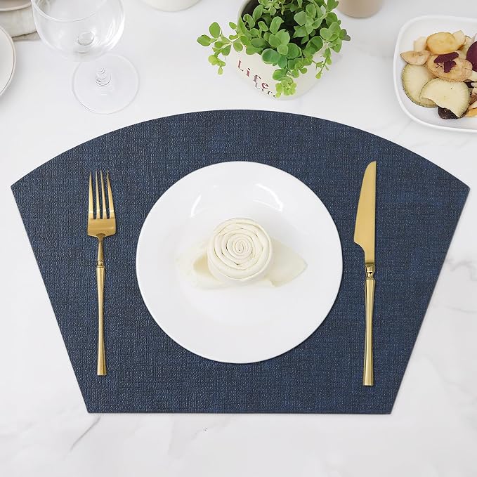 Homaxy Wedge Faux Leather Placemats for Round Table, Set of 6, Navy Blue | Waterproof Wipeable Washable Table Mats, Easy to Clean Anti-Slip Place Mats, 11.8" x 17"