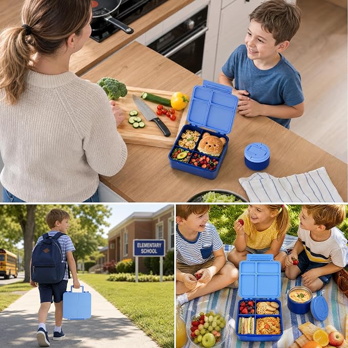 Bento Lunch Box Set for Kids with 8 oz Soup Thermo, Leakproof Hot Food Container with 4 Compartments, Insulated Food Jar for Toddler Daycare Boys Girls School - Blue