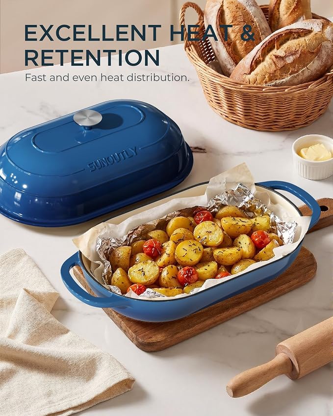 Enameled Cast Iron Bread Oven, 5QT Cast Iron Dutch Oven for Homemade Sourdough Bread Baking, Oval Bread Pot with Dome Lid & Cotton Potholders, Navy Blue