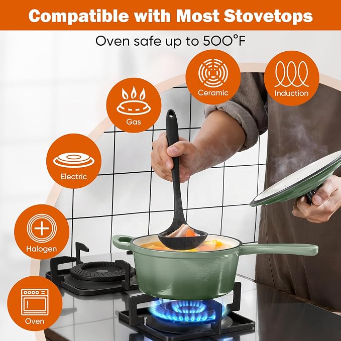 Homikit 3 Quart Saucepan with Lid, Enameled Cast Iron Sauce Pan Cooking Pot for Soup, Milk, Pasta, Nonstick Enamel Dutch Oven for All Cooktops, Heat Resistant Up to 500°F, Sage Green
