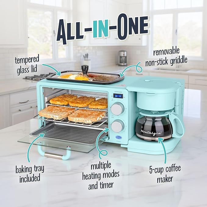 Nostalgia 3-in-1 Retro Breakfast Station - Includes 5 (4 Oz) Cup Coffee Maker, Non-Stick Ceramic Griddle, and 4-Slice Toaster Oven - Built-In Timer, Reusable Coffee Filter, Space-Saving Design - Aqua