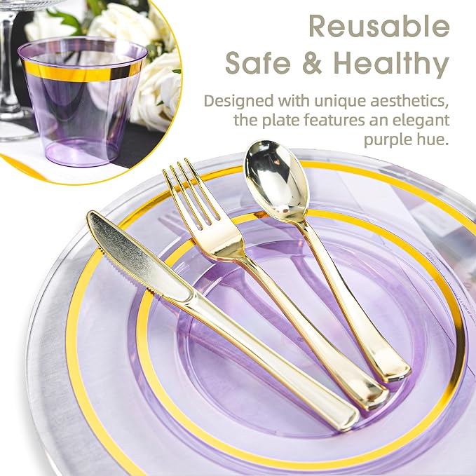 600PCS Purple Gold Plastic Plates, Disposable Dinnerware Set for Party | 100 Guest, 100 Dinner & Dessert Plates, Forks, Spoons, Knives, Cups, Gold Rim, for Graduation Wedding Bridal Shower
