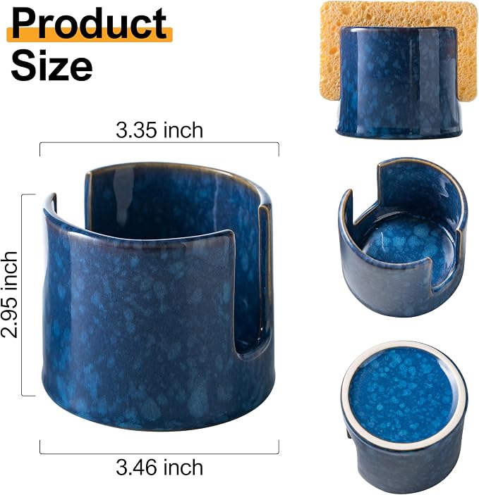 Zoeeker Kitchen Sponge Holder, Ceramic Sponge Organizer Scrubby Holder | Cute Sink Caddy Dish Brush Rack Kitchen Storage Accessories Sink Caddy for Bathroom Countertop, Farmhouse Kitchen Decor, Blue