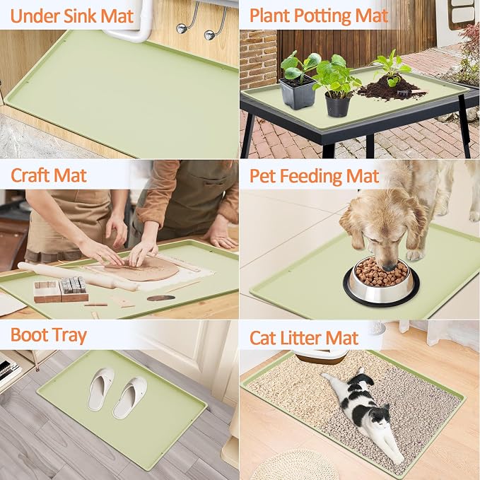 Silicone Coffee Maker Mat with Lip for Countertops, 19.7''x15'', Sage Green | Multi leak-proof coffee tray for countertop, non-slip silicone tray for under coffee machine espresso accessory, wipe-clean