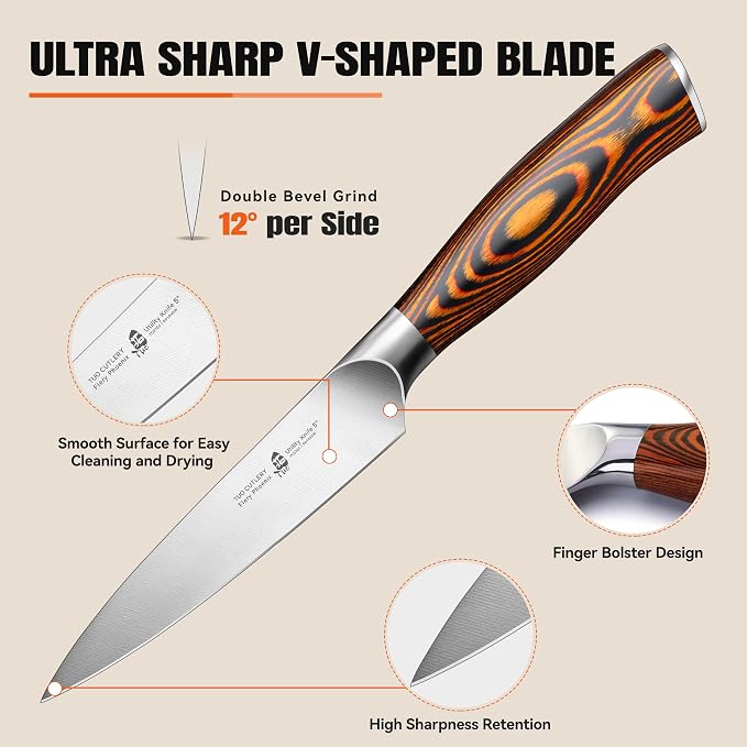 TUO Utility Knife, 5 inch Small Kitchen Knife for Paring & Slicing, with Ergonomic Pakkawood Handle, High Carbon German Stainless Steel - Fiery Phoenix Series