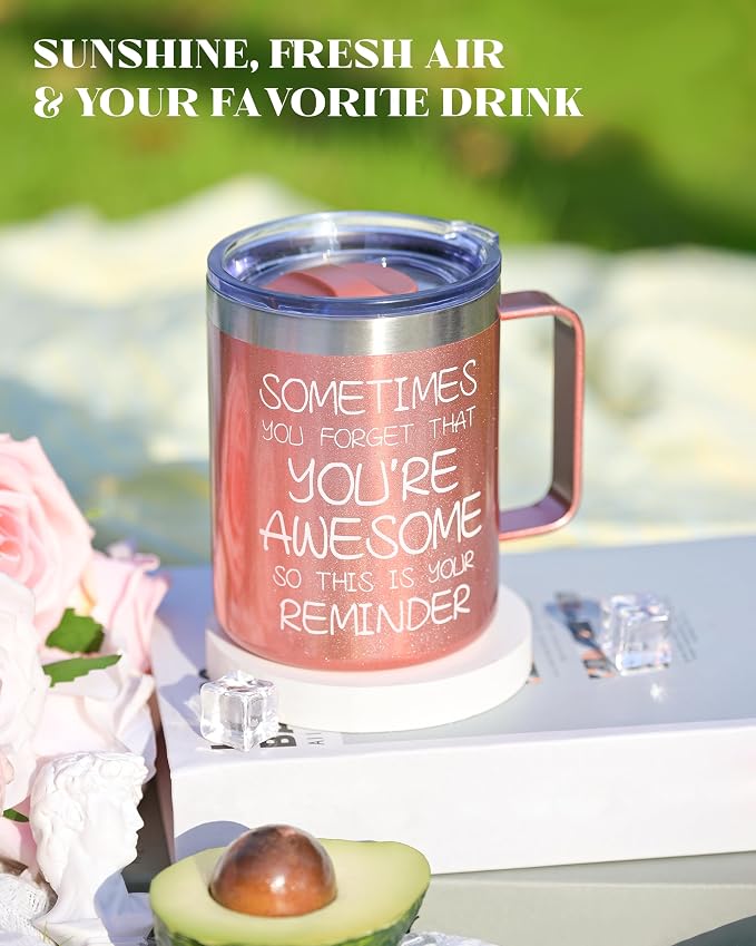 Inspirational Coffee Mug for Women, 12oz Insulated Stainless Steel Mug with Handle & 2 Lids – Sometimes You Forget You’re Awesome, Birthday & Appreciation Gift for Mom, Friend, Rose Gold