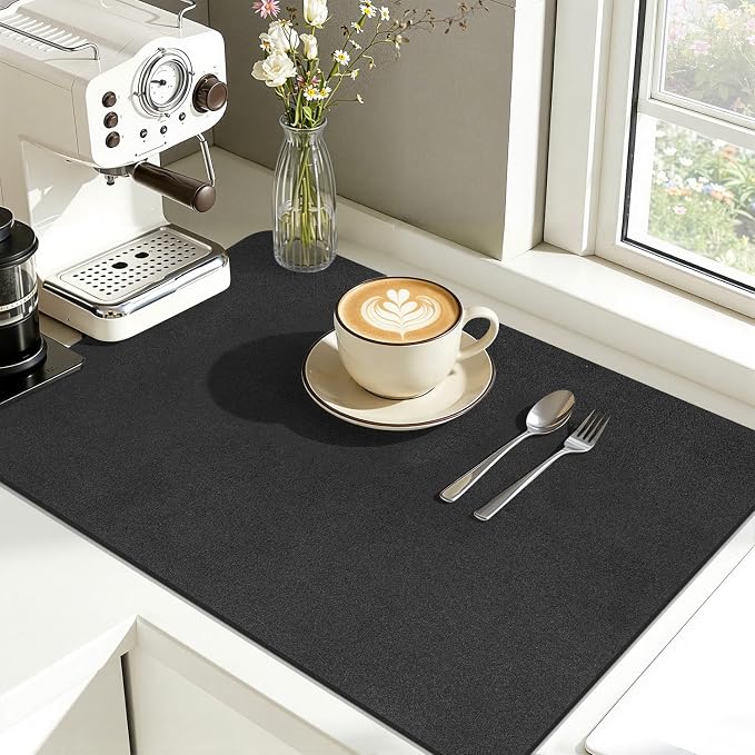 Findosom Dish Drying Mat, 17"x 32" Super Absorbent & Hide Stain Coffee Mat, Cuttable Drying Mat for Kitchen Counter, Coffee Bar Accessories, Under Dish Rack, Coffee Maker, Espresso Machine, Black-2
